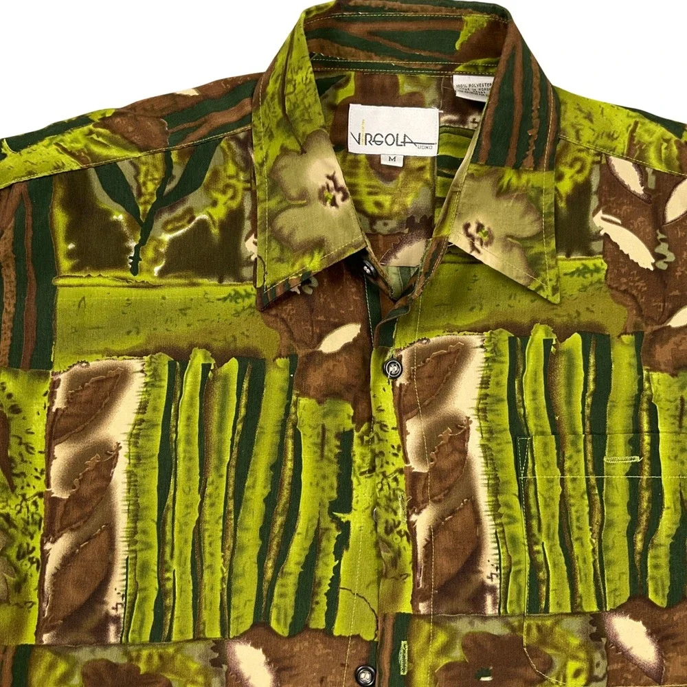 VIRGOLA Uomo Shirt Mens Mediun Green‎ Brown Abstract Statement Party Resortwear